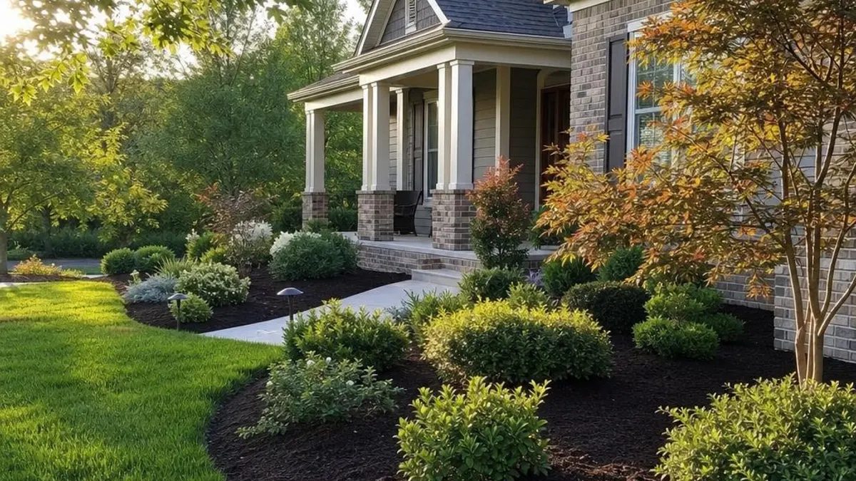 Freshly mulched landscape beds with green shrubs in front of an Indianapolis-area home