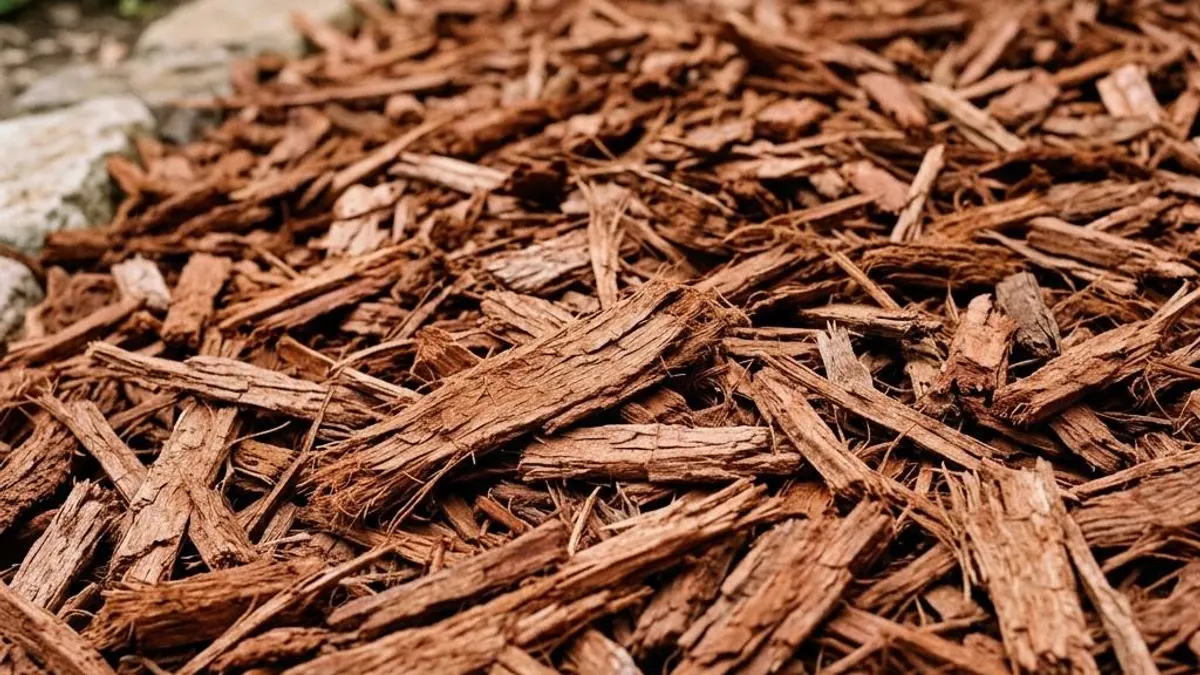 Reddish-brown pine bark mulch with flat fibrous pieces in a garden bed