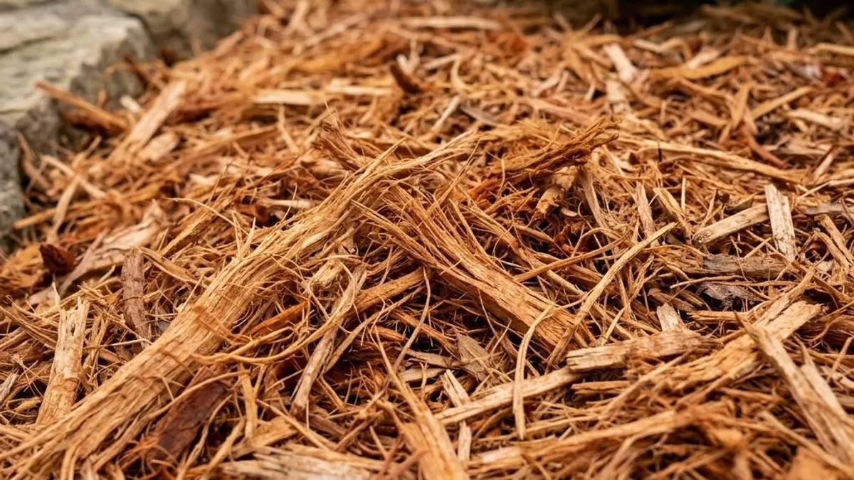 Warm reddish-tan cedar mulch with fine stringy strands in a planting bed
