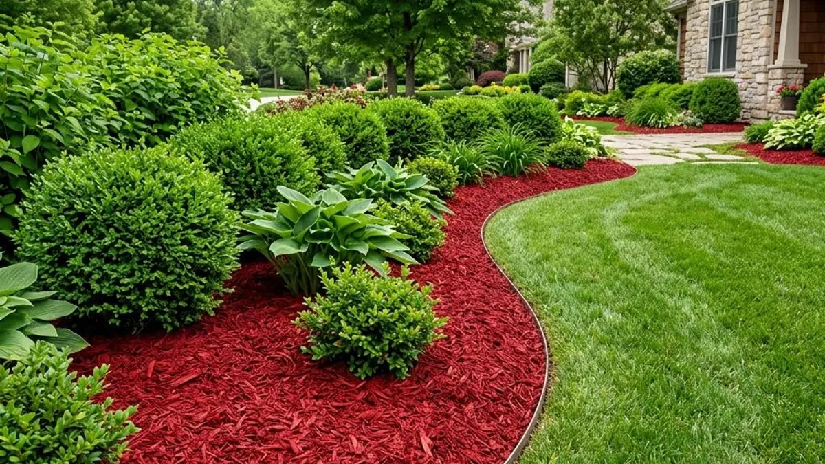 Vivid red dyed shredded wood mulch contrasting with green shrubs and lawn