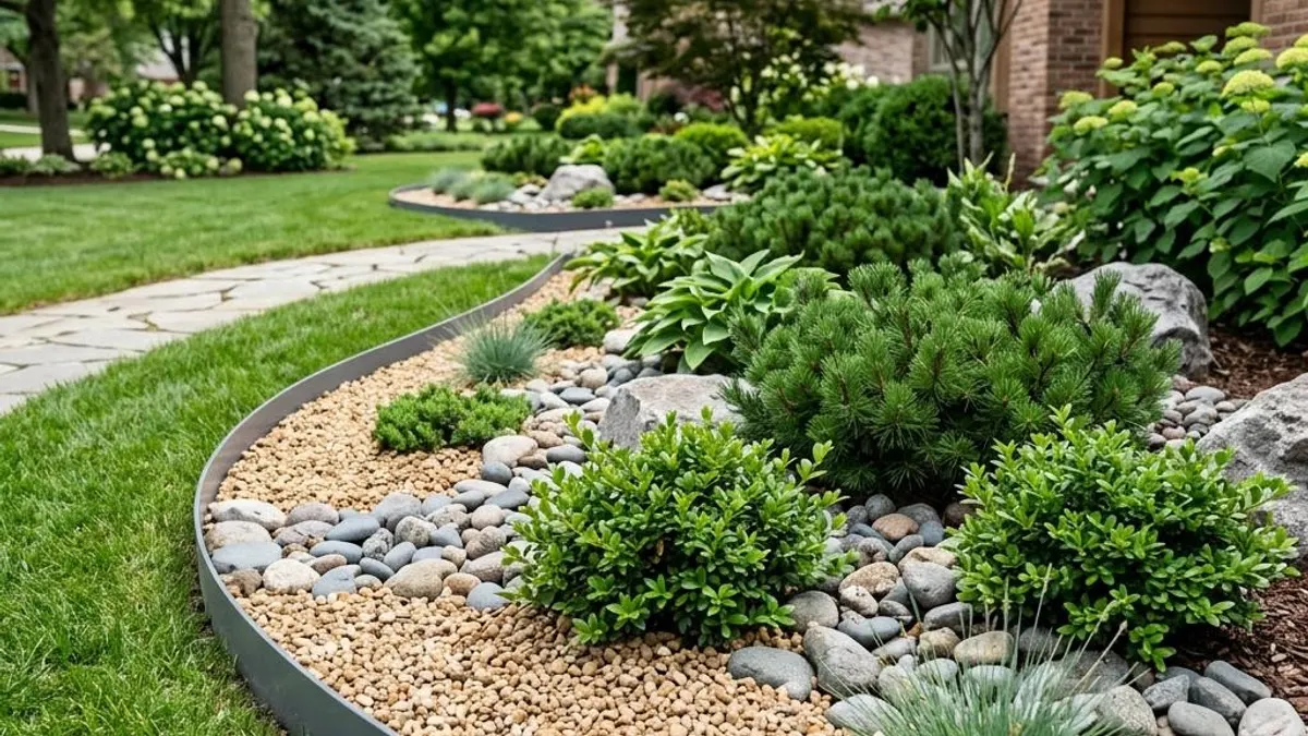 Tan pea gravel and gray stone mulch around low shrubs with clean edging