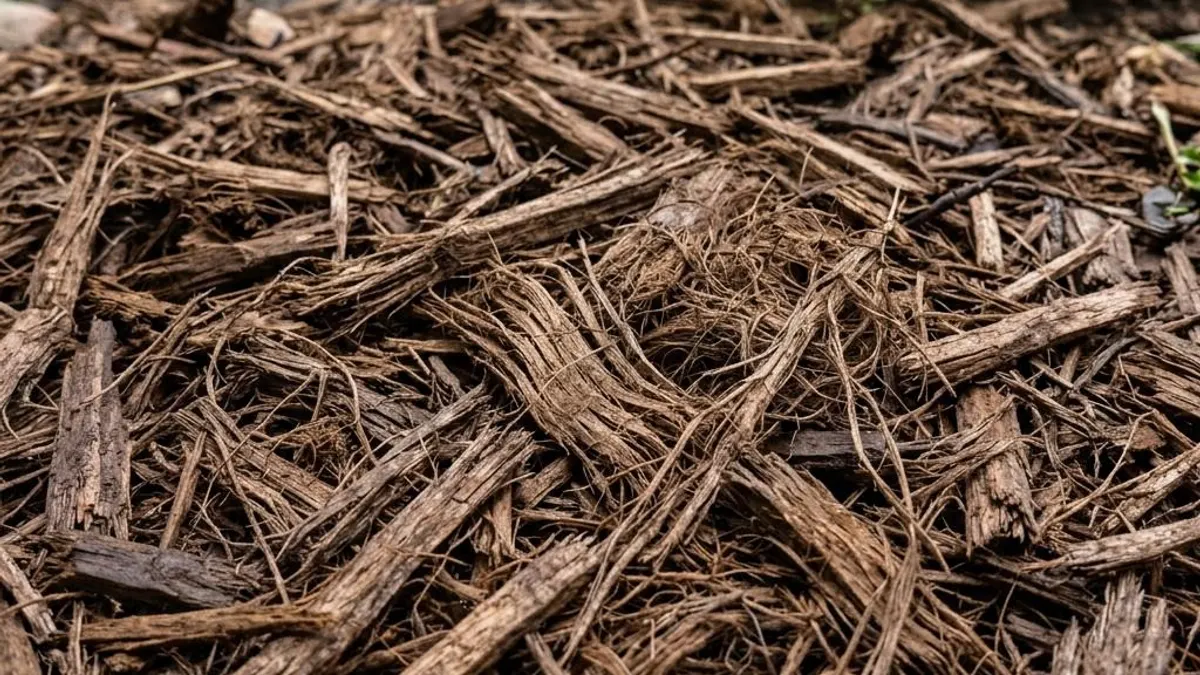 Shredded hardwood mulch with stringy medium-brown fibers in a landscape bed