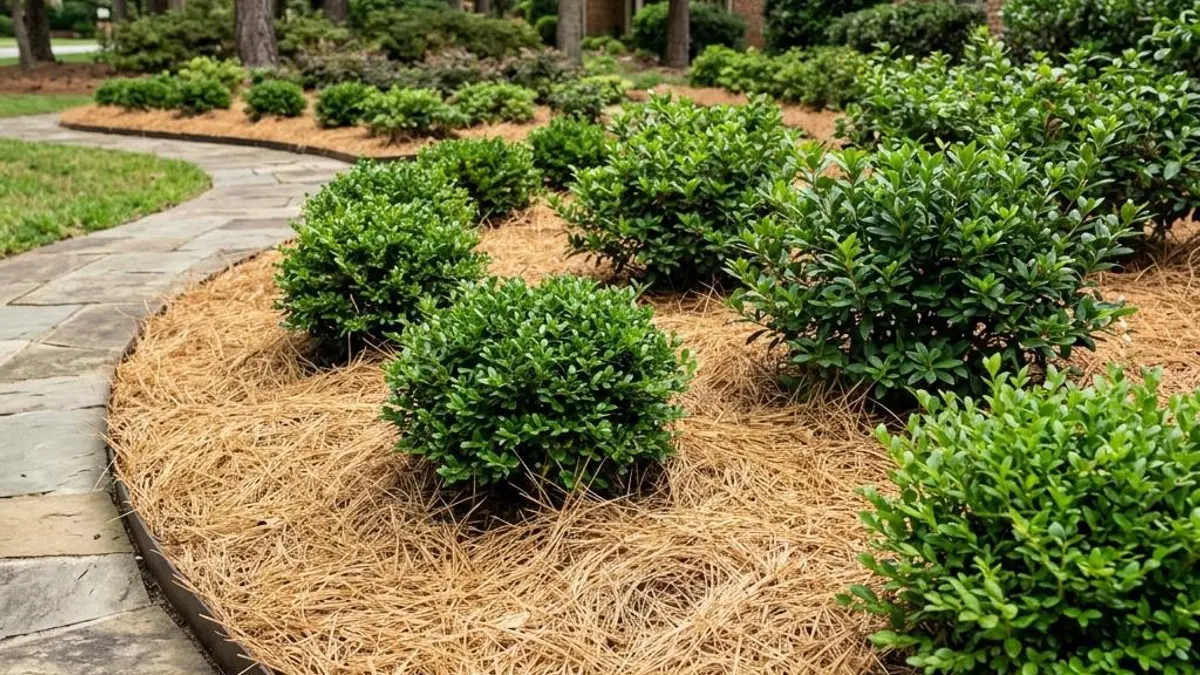 Golden pine needle mulch matted around green shrubs in a landscape bed