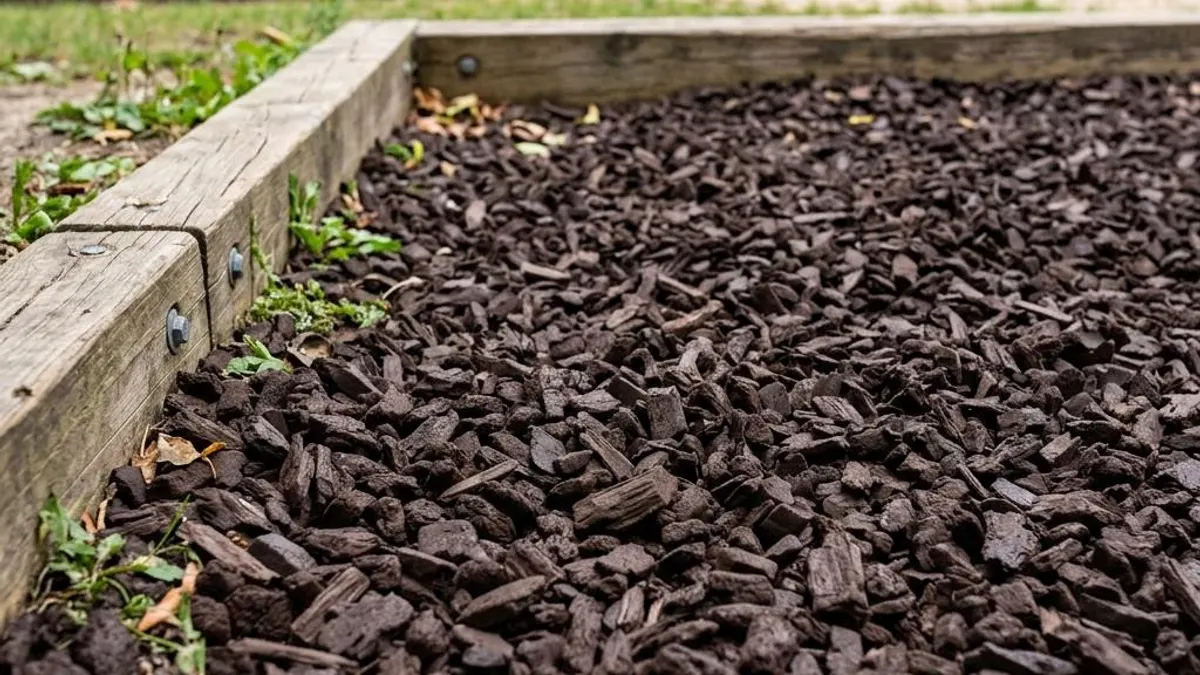 Dark brown shredded rubber mulch nuggets bordering a play area
