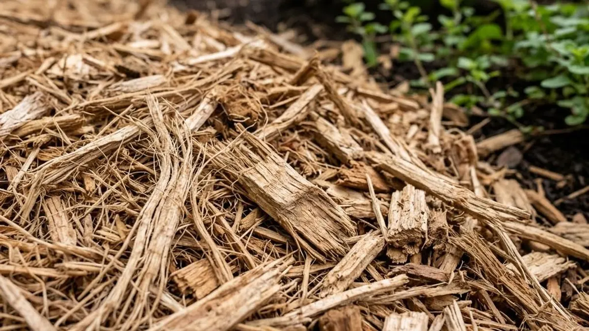 Natural tan shredded wood mulch with fine stringy texture in a garden bed