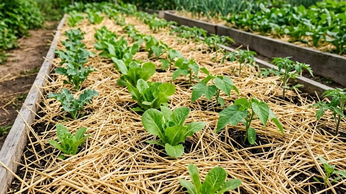 Loose golden straw mulch spread over a vegetable garden around young plants