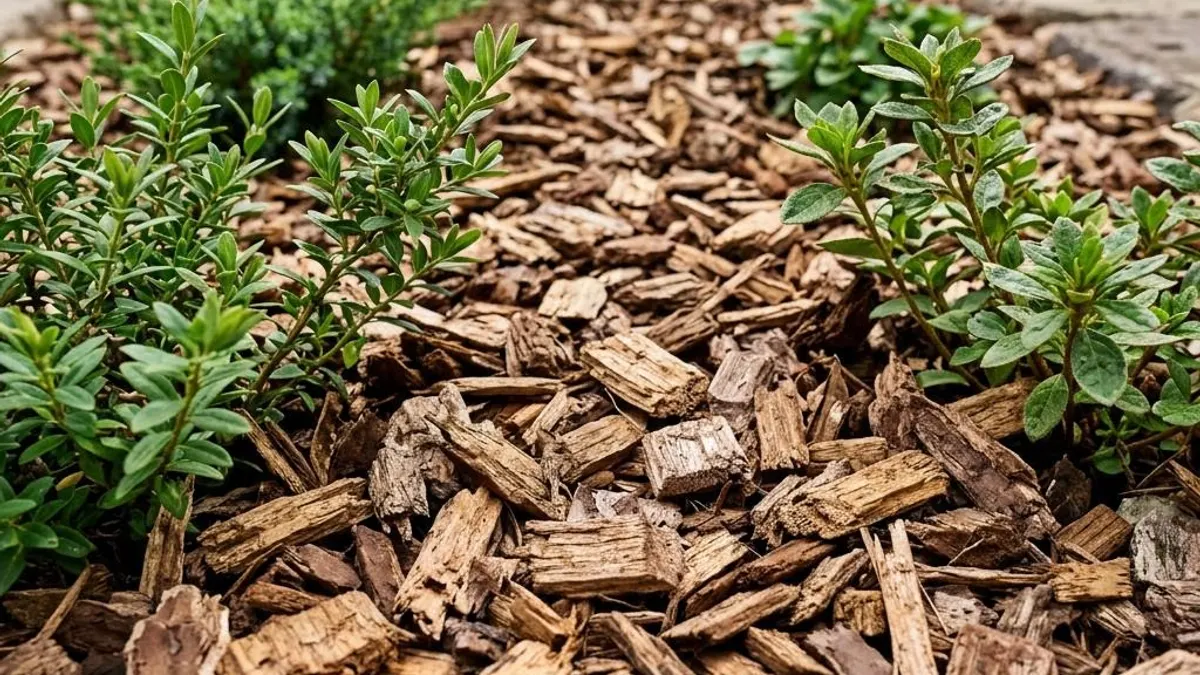 Chunky brown and tan wood chip mulch spread across a landscape bed