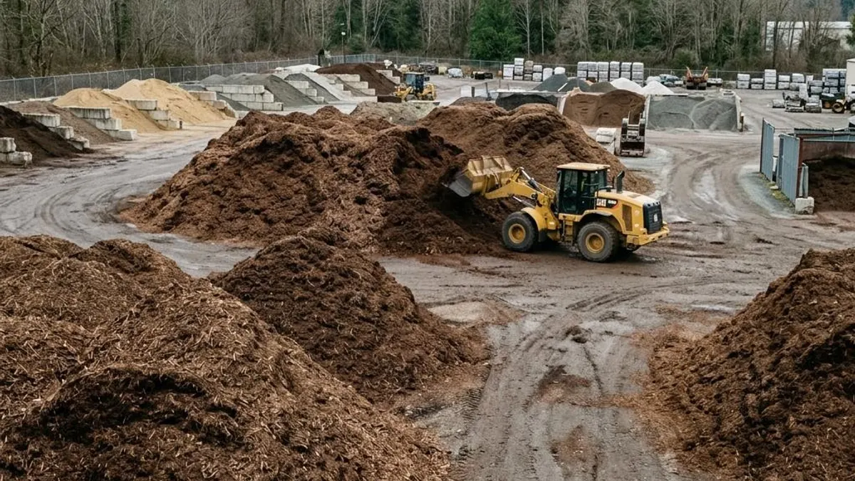 Large piles of bulk mulch at a landscape supply yard with a front loader