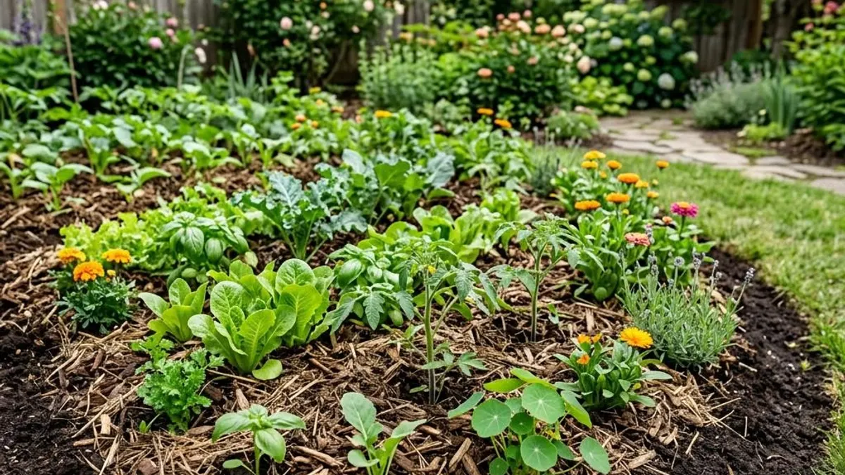 Home garden bed mulched with organic material around young vegetable plants