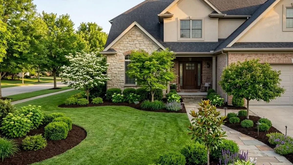 Suburban front yard with fresh dark mulch beds, trimmed shrubs, and a green lawn