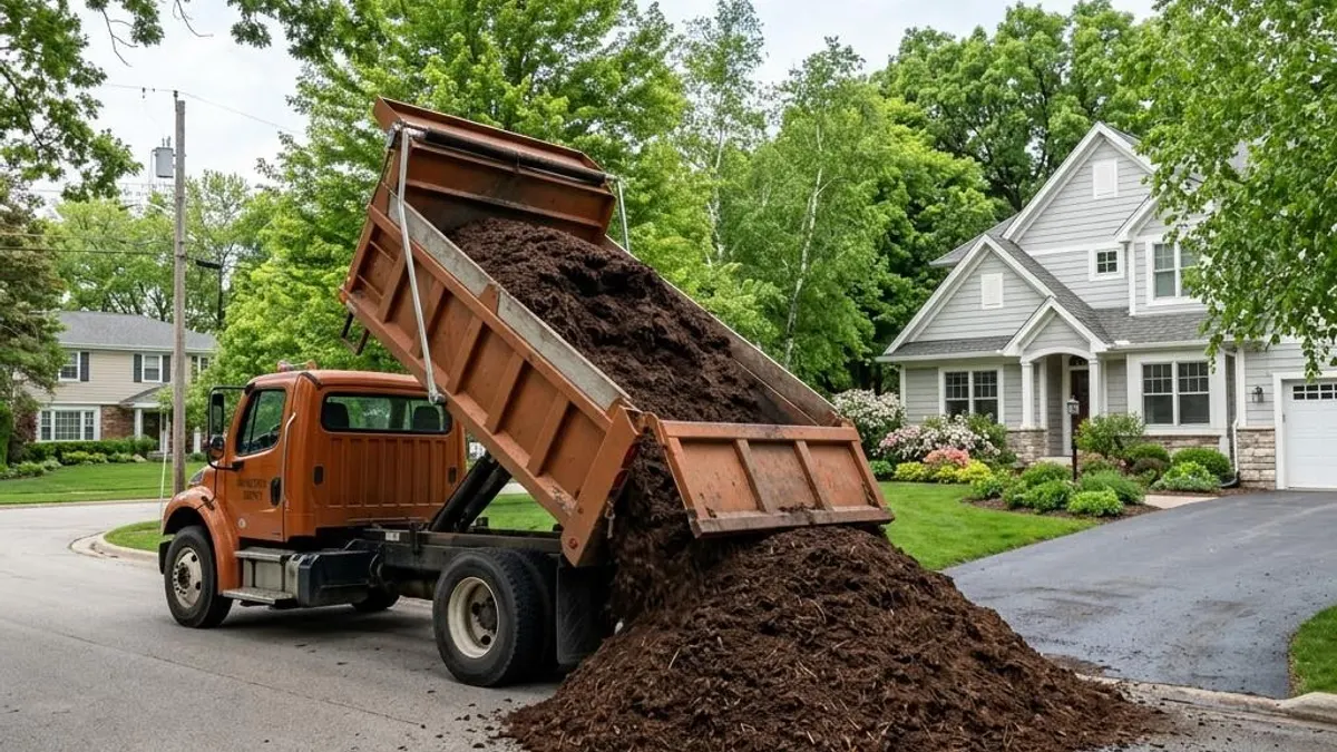 Dump truck unloading a pile of bulk mulch onto a residential driveway