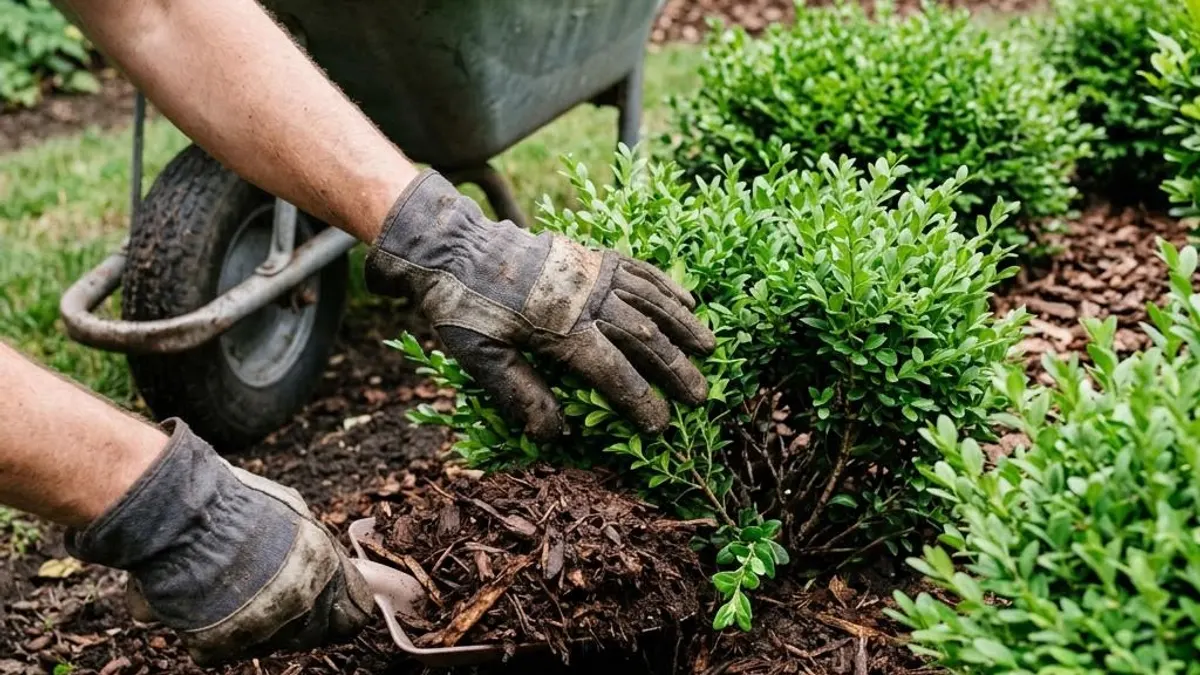 Gloved hands spreading dark brown mulch around shrubs beside a wheelbarrow