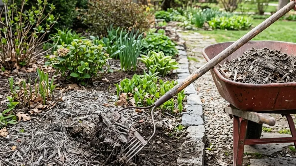 Garden rake pulling old faded mulch from a landscape bed into a wheelbarrow