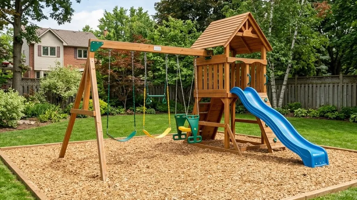 Backyard swing set over a deep layer of wood fiber playground mulch