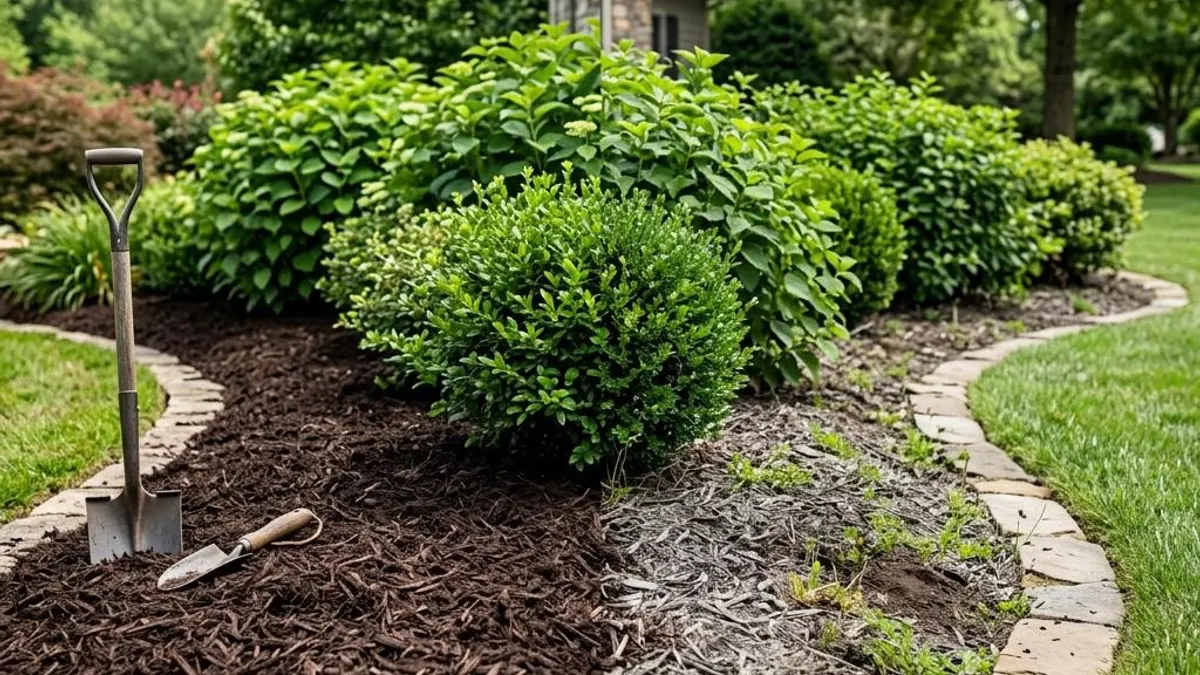 Landscape bed half covered in fresh dark mulch next to faded old mulch