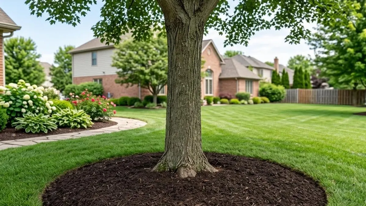 Neat circular mulch ring around a mature shade tree in a green lawn